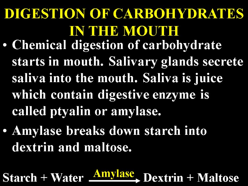 DIGESTION OF CARBOHYDRATES IN THE MOUTH Chemical digestion of carbohydrate starts in mouth. Salivary